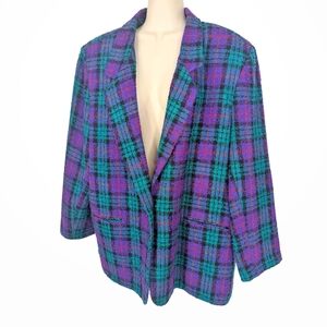 KATIE BROOKE Vintage 80s Plaid Wool Blend Blazer Sz 16